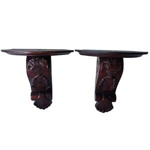 11.5" Carved Wall Display Base Indonesian antique solid wood ball & leaf pair